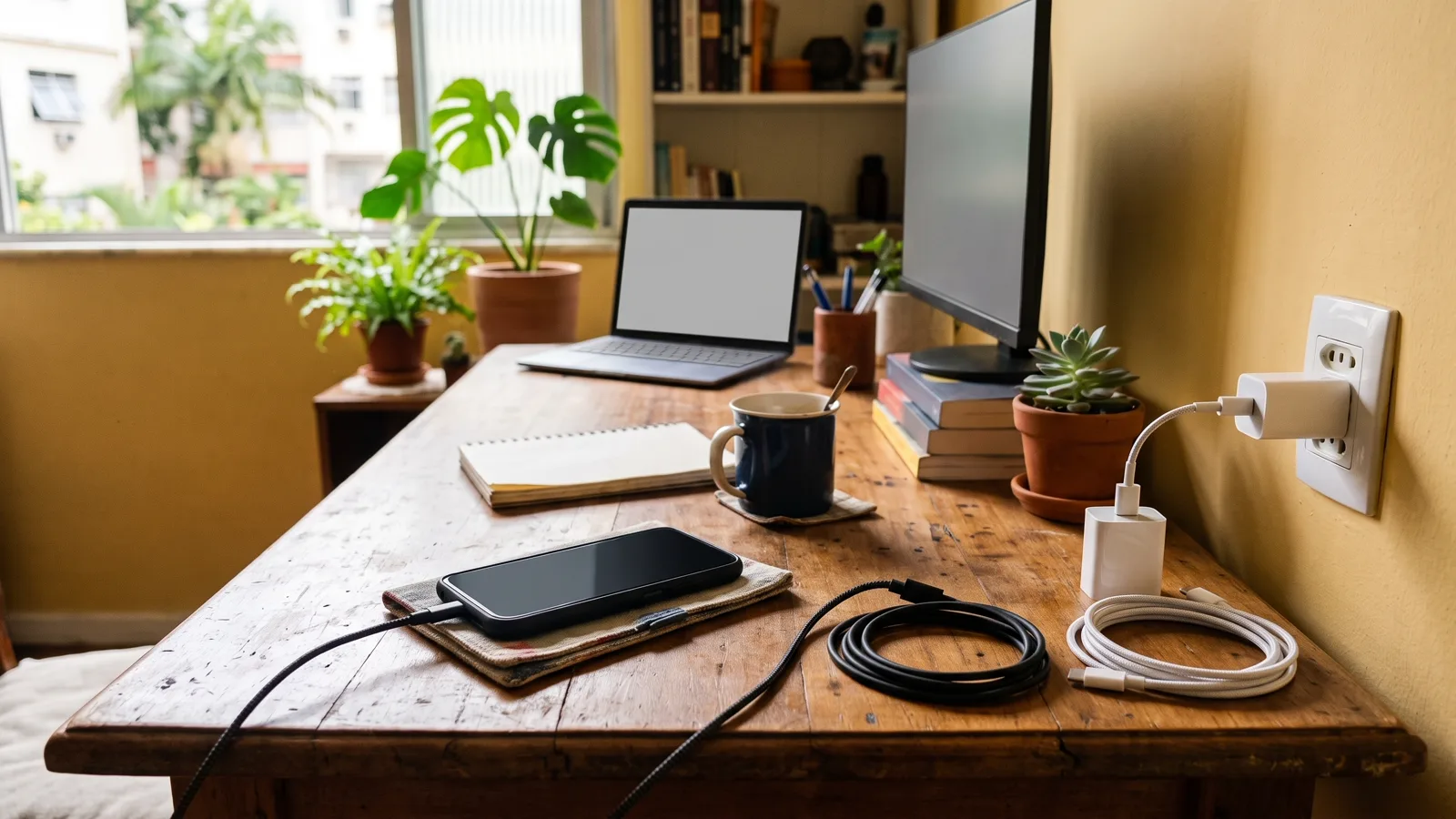 Smartphone descansando sobre mesa de madeira conectado a um cabo USB-C ligado à tomada de parede.