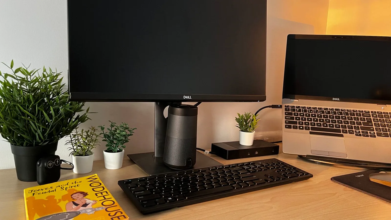Foto de ambiente de trabalho doméstico com monitor de 24 polegadas em base ajustável sobre mesa, exibindo planilha com texto pequeno legível, luz natural de janela, pessoa em postura confortável digitando no teclado.