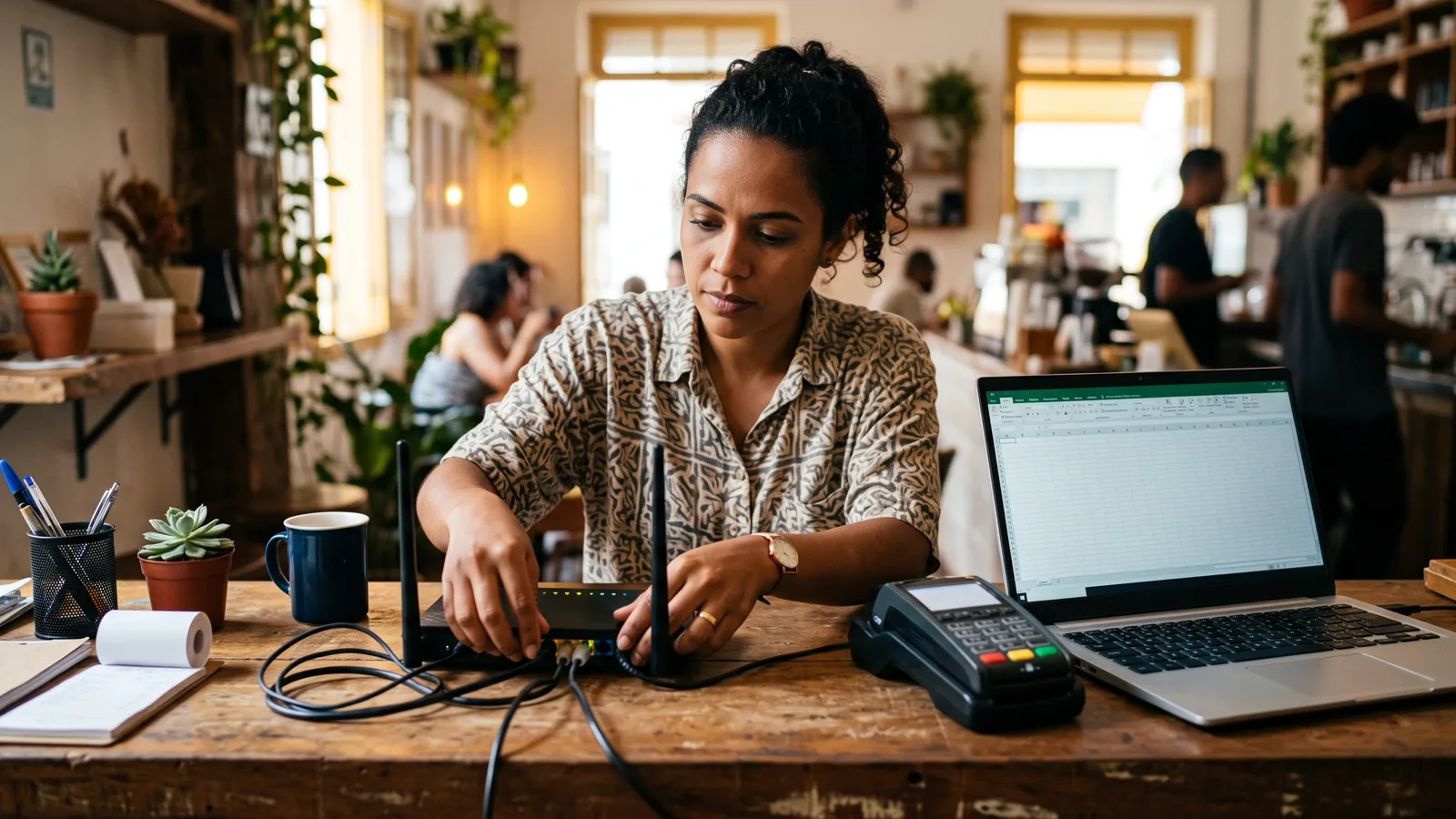 Pessoa organizando os cabos de um roteador Wi-Fi sobre um balcão de atendimento simples.