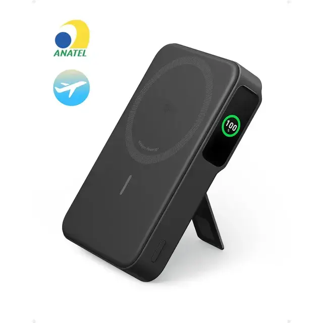 Carregador Portátil Indução Power Bank 10000mAh Bateria Magsafe Anker MagGo Qi2 Sem Fio Rápido 15W com Tela Inteligente e Suporte para iPhone 17/16/15/14/13/12 Preto