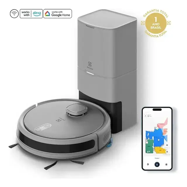 Robô Aspirador de pó 4 em 1 Electrolux Wi-Fi MOP Passa Pano Seco e Úmido até 1h40 de Bateria App Mapeamento Laser Inteligente Alexa Google Home e Base Carregamento Autolimpante Sensor Antiqueda ERB80