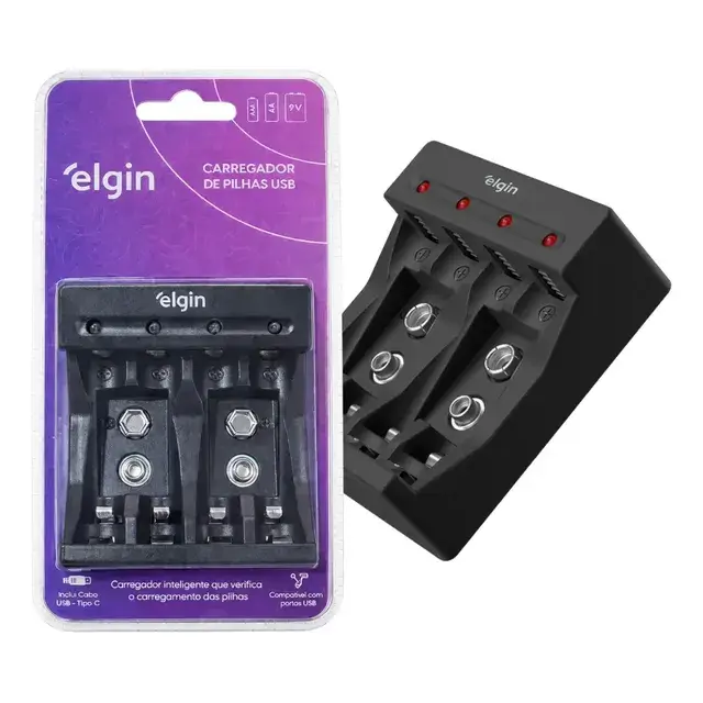 Carregador de Pilhas Elgin USB-C para AA, AAA e 9V com Indicador de Carga