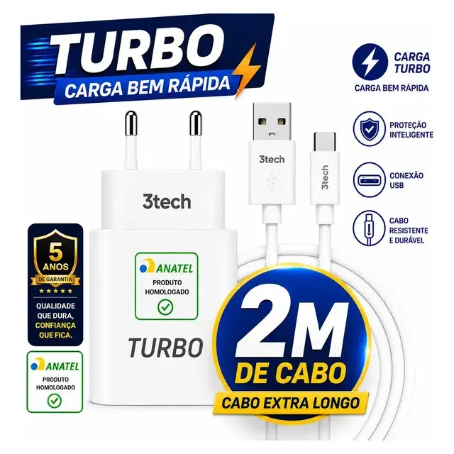 Carregador 30W Turbo 2 Portas USB-C + Cabo 2m Para Samsung Galaxy iPhone 15 16 17 Motorola Fonte Anatel 3tech